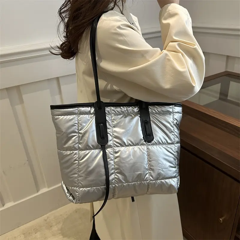 Women's White Puffer Shoulder Bag with Black Straps - Image 2