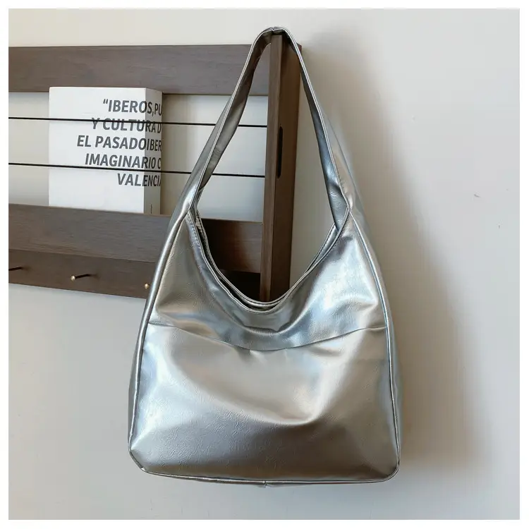 Silver Textured Large Capacity Shoulder Bag for Women