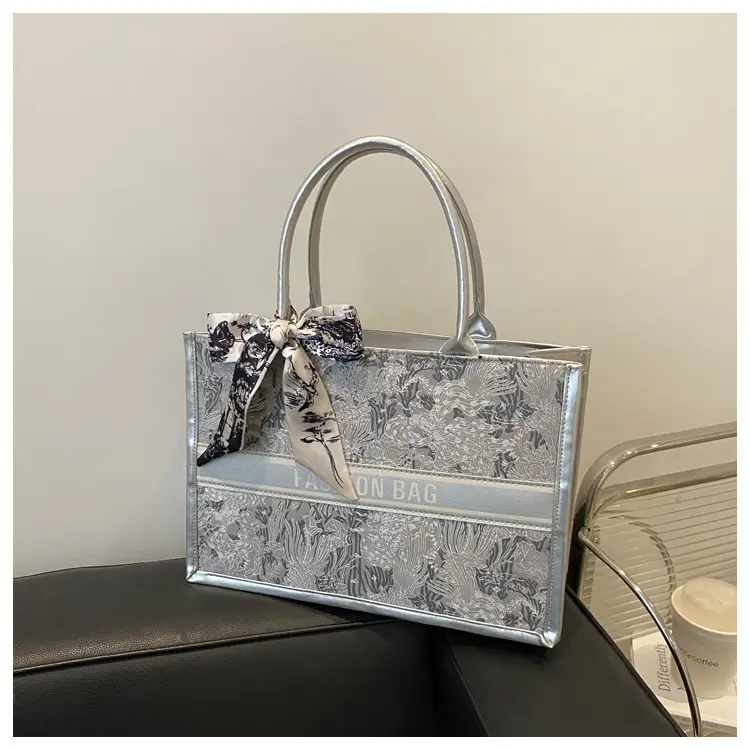 Silver Embroidered Women's Large Shoulder Bag 2024 - Image 2