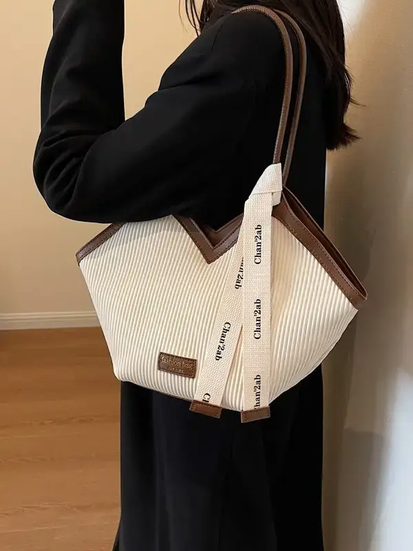Women's Large Capacity Tan Tote Bag with Brown Handles - Image 6