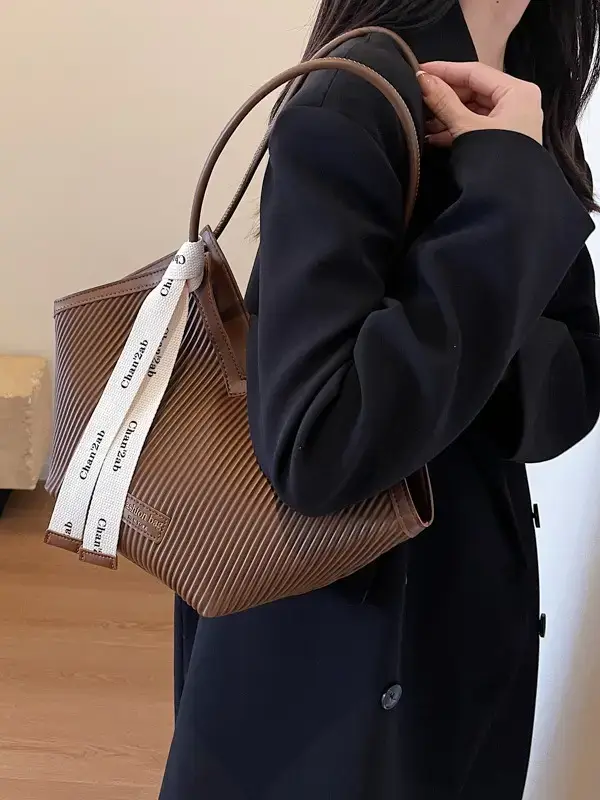 Women's Large Capacity Tan Tote Bag with Brown Handles - Image 8