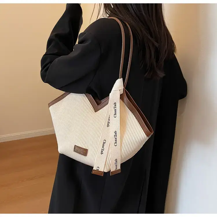 Women's Large Capacity Tan Tote Bag with Brown Handles — feature 21