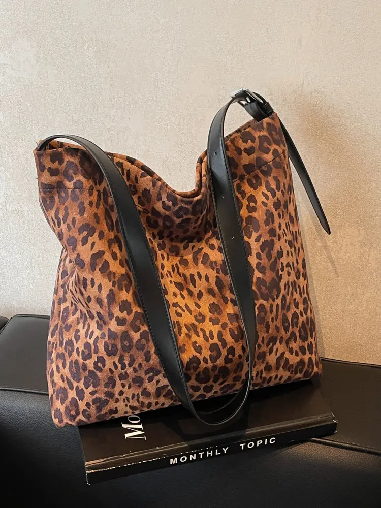 Women's Leopard Leather Shoulder Bag Large Brown - Image 5