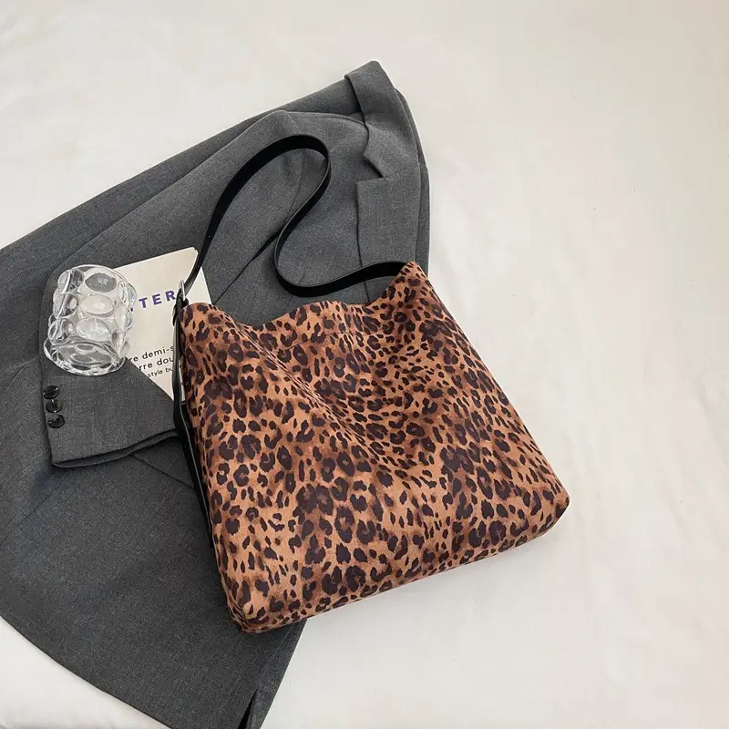 Women's Leopard Leather Shoulder Bag Large Brown - Image 3