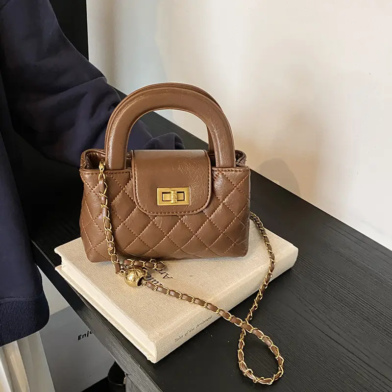 Brown Quilted Chain Shoulder Bag for Women - Image 5