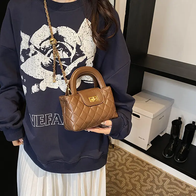 Brown Quilted Chain Shoulder Bag for Women - Image 6