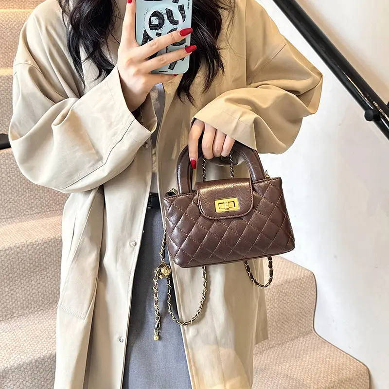 Brown Quilted Chain Shoulder Bag for Women - Image 7
