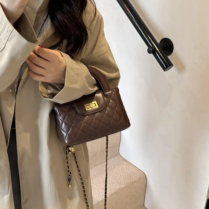 Brown Quilted Chain Shoulder Bag for Women - Image 3