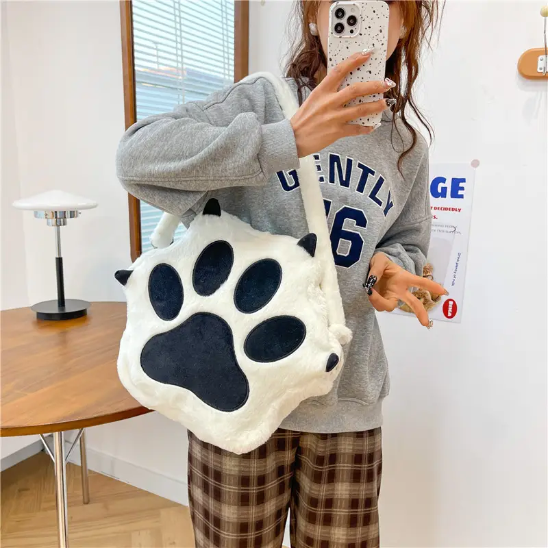 Cute Cat Paw Print Plush Backpack for Girls - Image 3