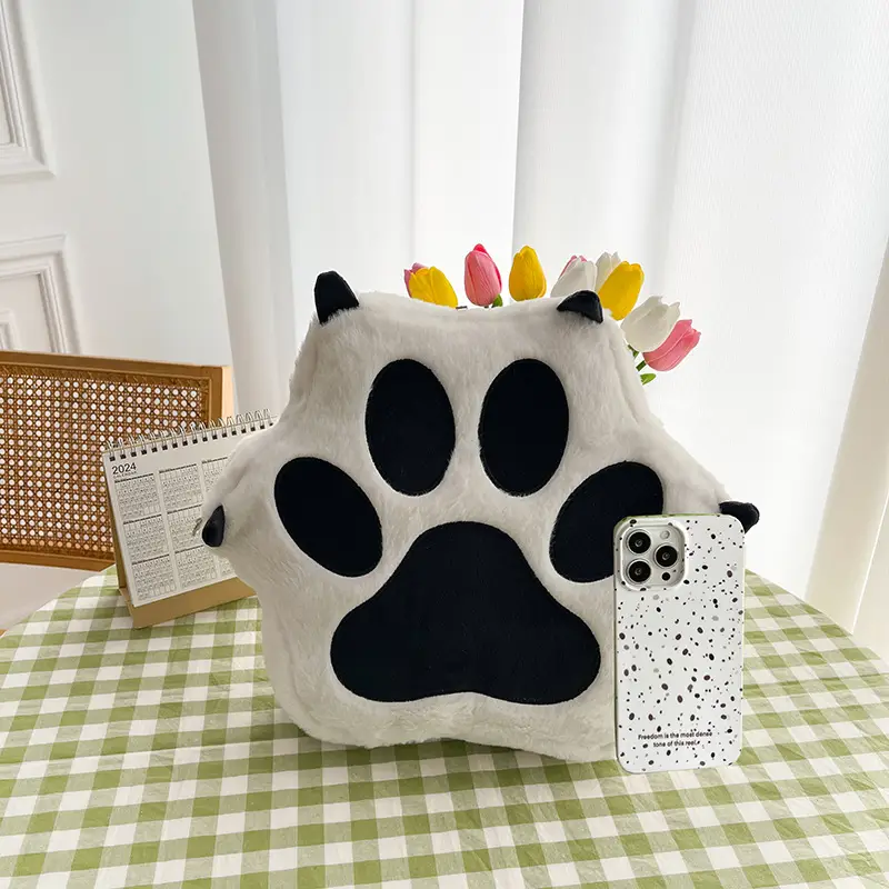Cute Cat Paw Print Plush Backpack for Girls - Image 4