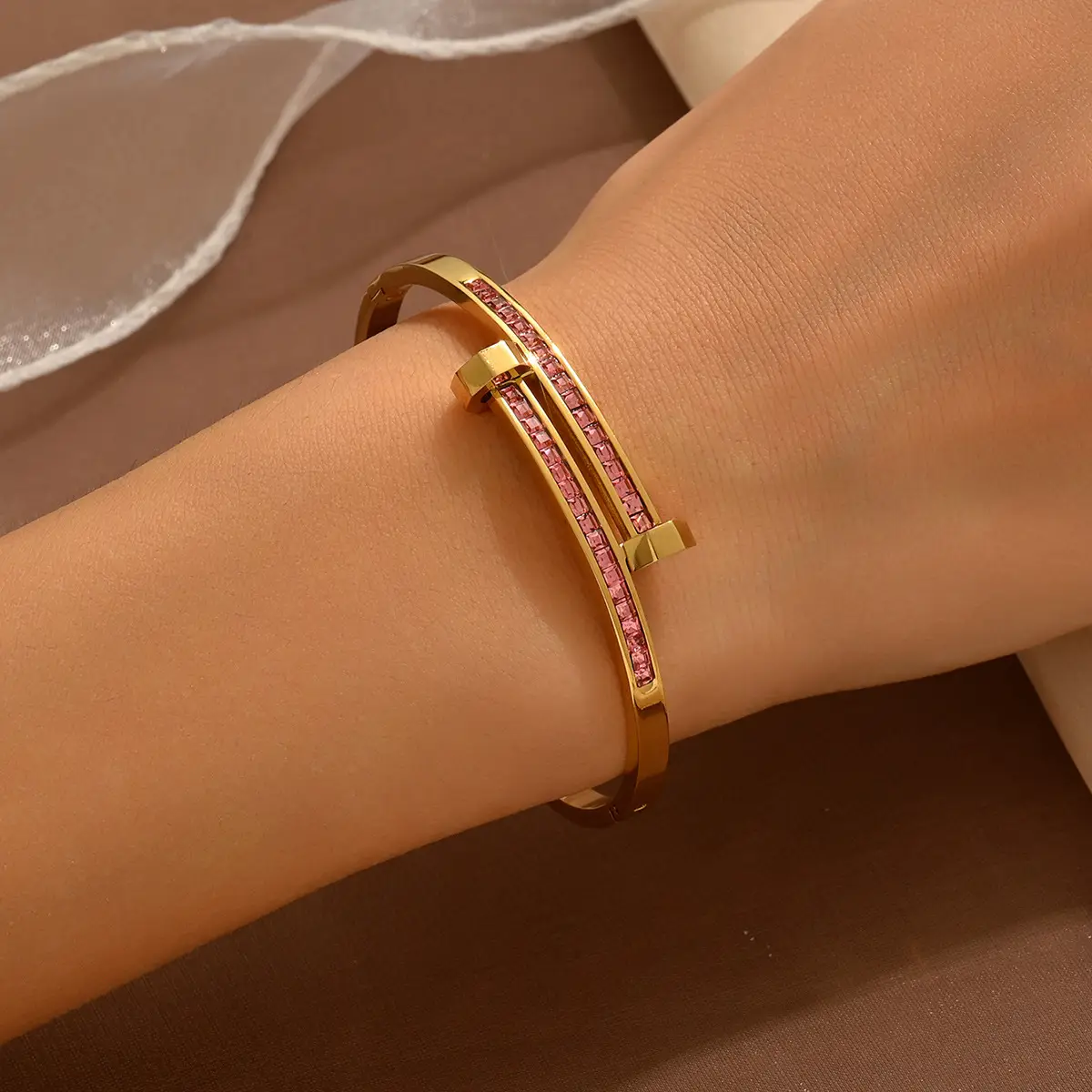 18K Gold Stainless Steel Bracelet with Crystal Accents - Image 78