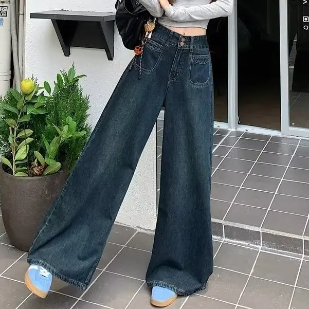 Dark Blue Loose Wide Leg Jeans for Women Plus Size