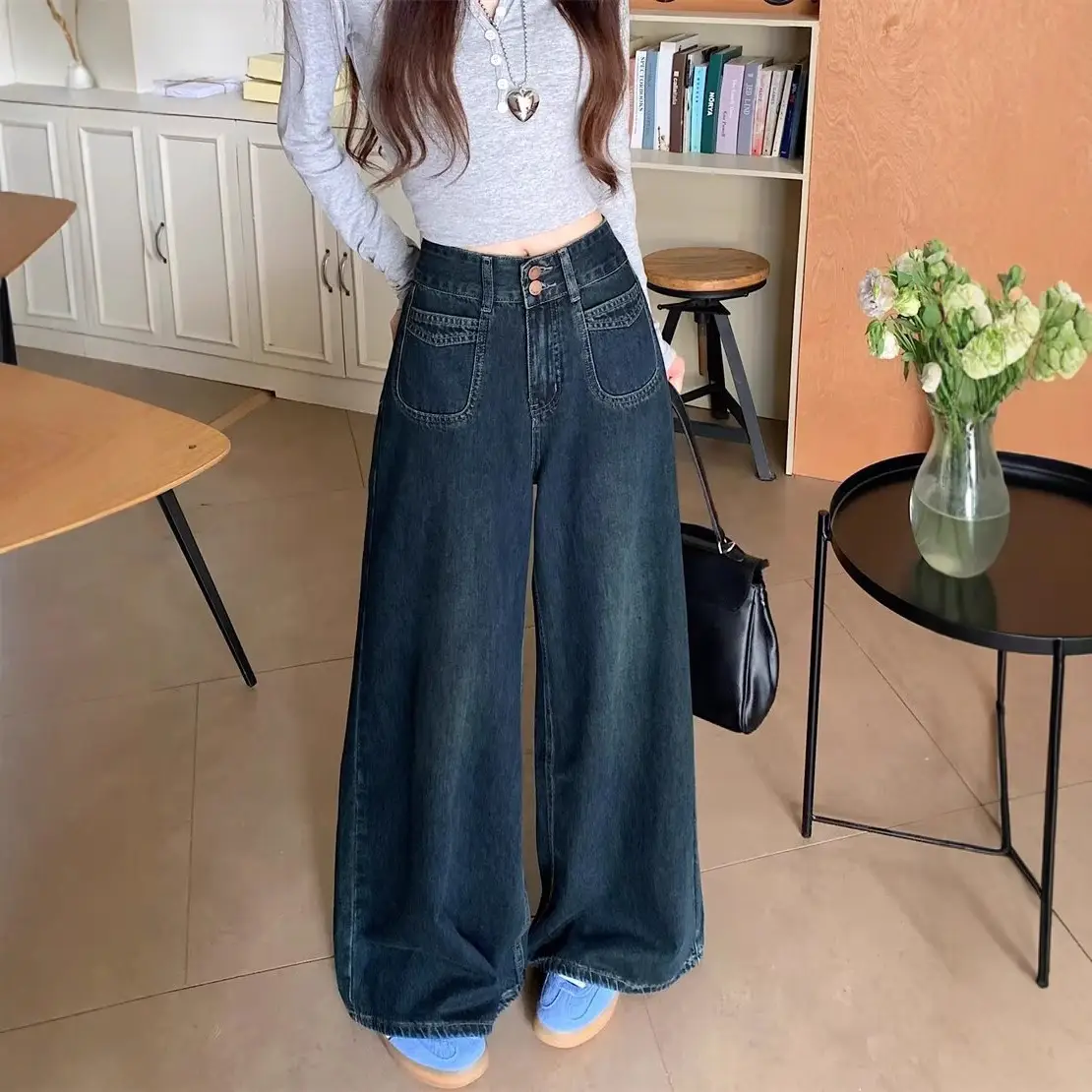 Dark Blue Loose Wide Leg Jeans for Women Plus Size