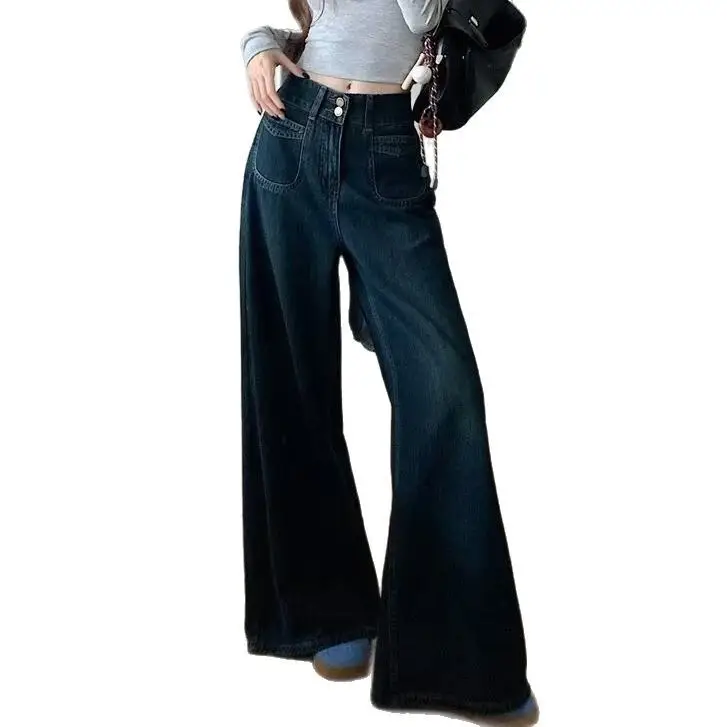 Dark Blue Loose Wide Leg Jeans for Women Plus Size