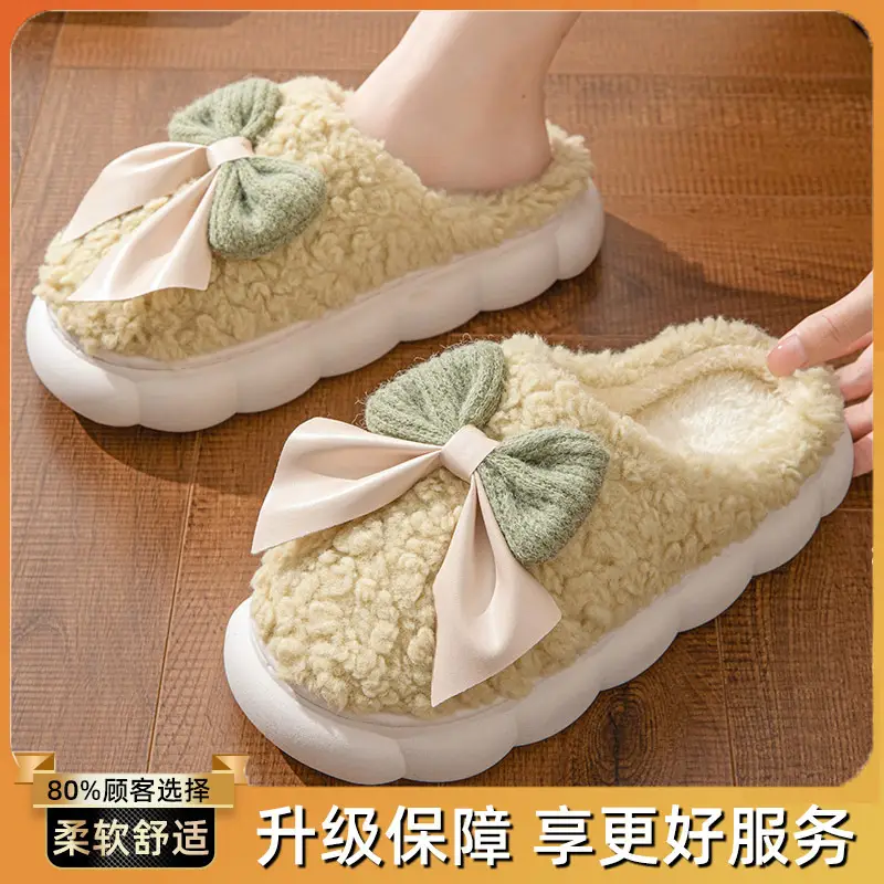 Bowknot Cotton Slippers 2025 New Cotton Shoes for Women Home Autumn and Winter Indoor Warm Maternity Cotton Slippers Winter - Image 3