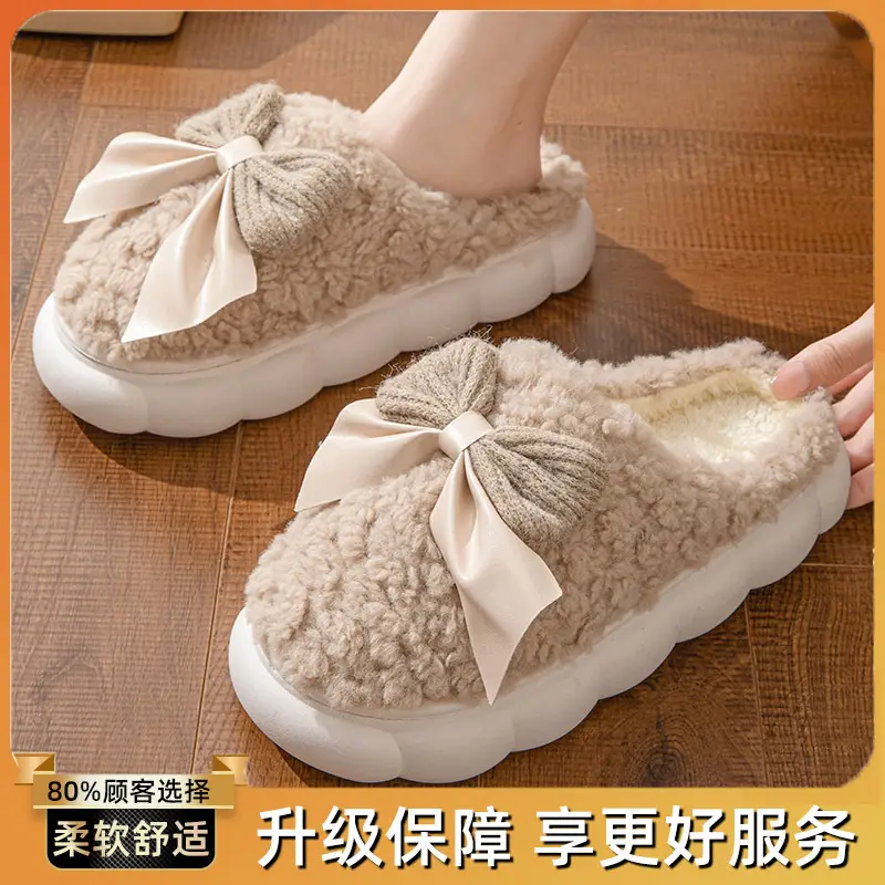Bowknot Cotton Slippers 2025 New Cotton Shoes for Women Home Autumn and Winter Indoor Warm Maternity Cotton Slippers Winter - Image 4