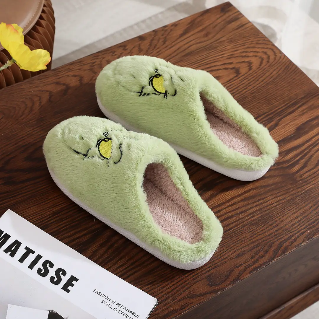 Cross-border Amazon Green Hair Monster Grinch Christmas Cotton Slippers for Men and Women Home Winter Warm Indoor Hair Slippers