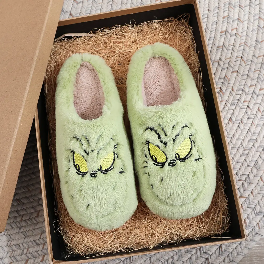 Cross-border Amazon Green Hair Monster Grinch Christmas Cotton Slippers for Men and Women Home Winter Warm Indoor Hair Slippers