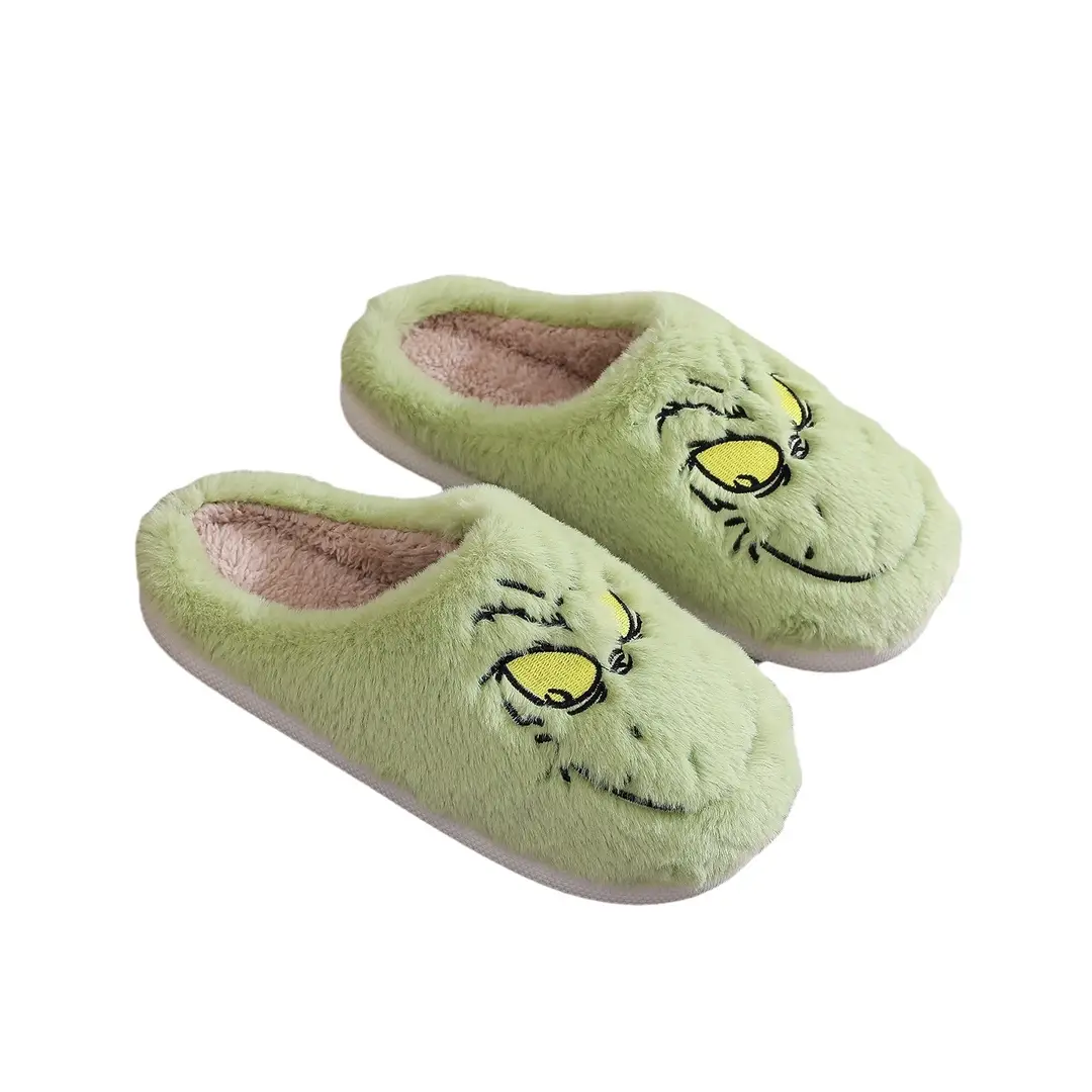 Cross-border Amazon Green Hair Monster Grinch Christmas Cotton Slippers for Men and Women Home Winter Warm Indoor Hair Slippers