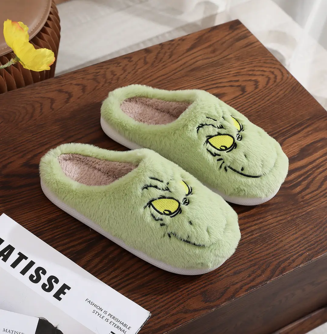 Cross-border Amazon Green Hair Monster Grinch Christmas Cotton Slippers for Men and Women Home Winter Warm Indoor Hair Slippers — feature 1