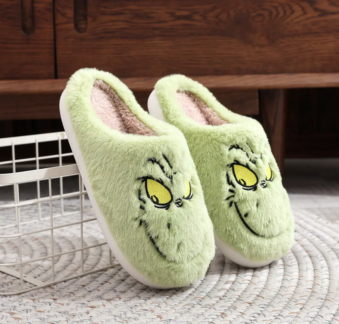 Cross-border Amazon Green Hair Monster Grinch Christmas Cotton Slippers for Men and Women Home Winter Warm Indoor Hair Slippers — feature 2