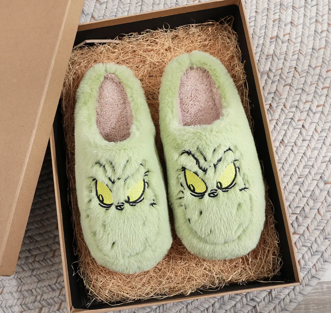 Cross-border Amazon Green Hair Monster Grinch Christmas Cotton Slippers for Men and Women Home Winter Warm Indoor Hair Slippers — feature 3