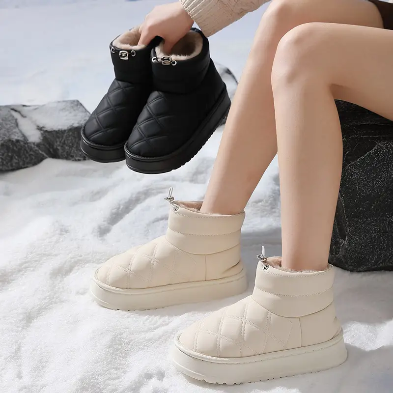 Women Winter Plush Warm Cotton Slippers Cream - Image 4