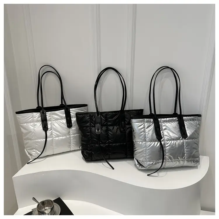 Black Cotton Padded Shoulder Bag Large Capacity - Image 4