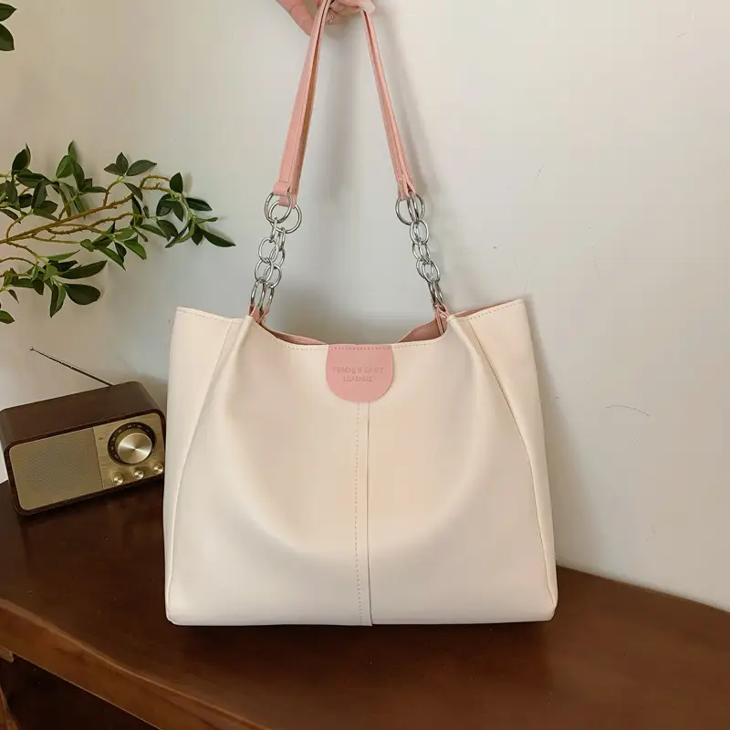 Women's Cream Textile Shoulder Tote Bag Large Capacity - Image 5