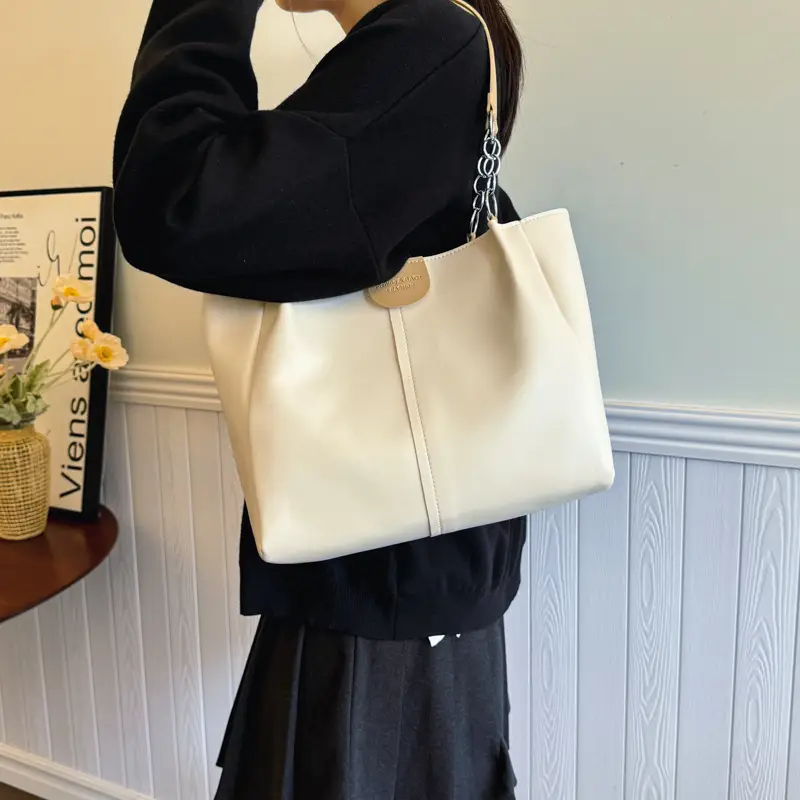Women's Cream Textile Shoulder Tote Bag Large Capacity - Image 6