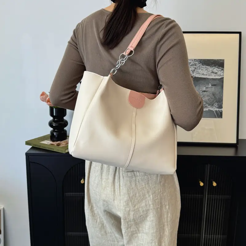 Women's Cream Textile Shoulder Tote Bag Large Capacity - Image 7