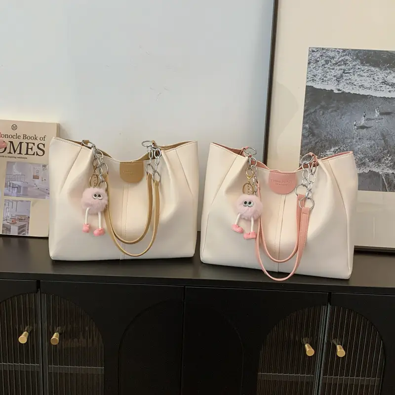 Women's Cream Textile Shoulder Tote Bag Large Capacity - Image 8