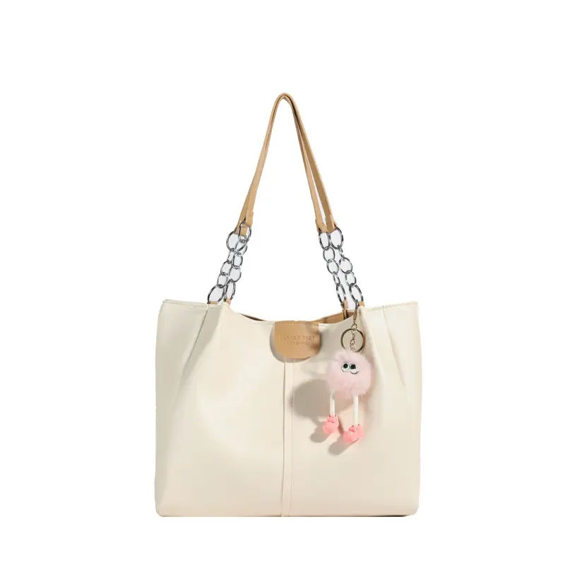 Women's Cream Textile Shoulder Tote Bag Large Capacity - Image 9