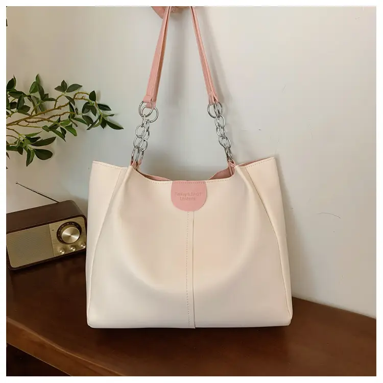 Women's Cream Textile Shoulder Tote Bag Large Capacity - Image 2