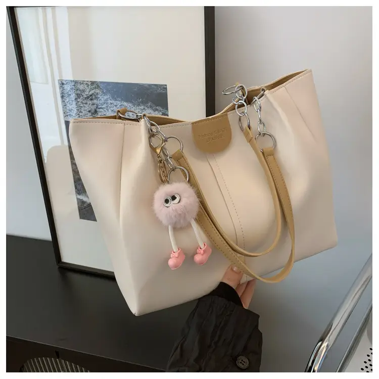 Women's Cream Textile Shoulder Tote Bag Large Capacity - Image 3