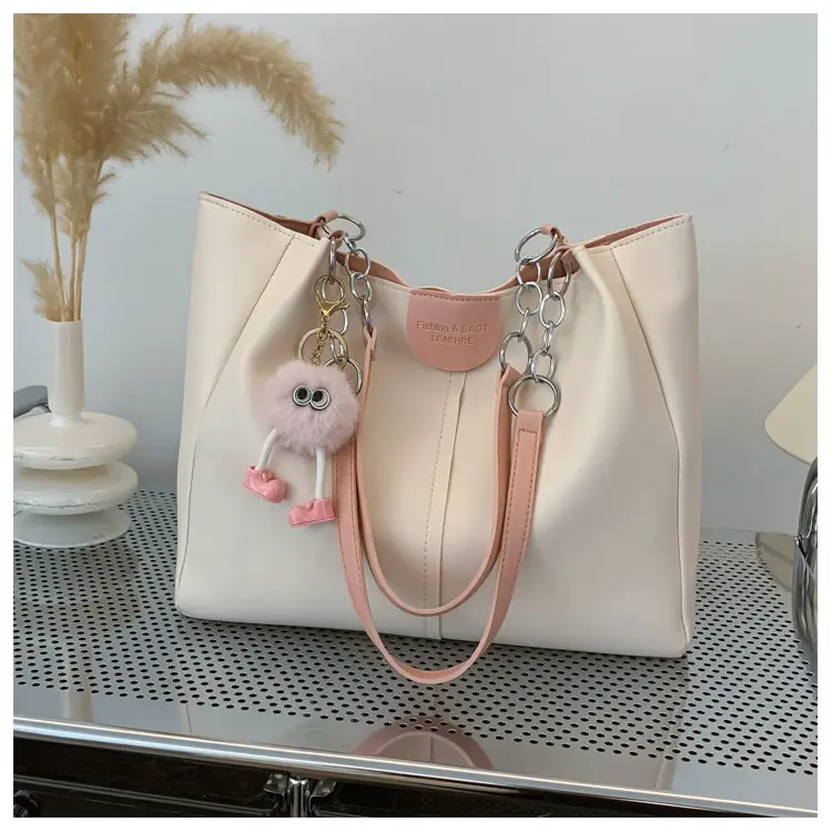 Women's Cream Textile Shoulder Tote Bag Large Capacity - Image 4