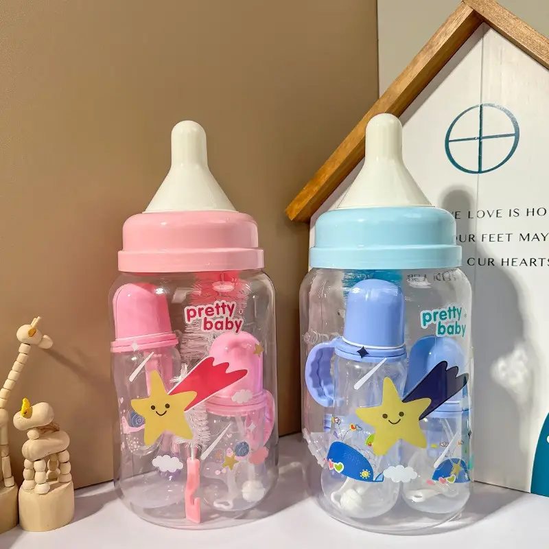 New Baby Bottle Set, Newborn Wide-Mouth Bottle Gift Box, Four-Piece Set, Anti-Fall, Anti-Flatulence Plastic Pp Bottle