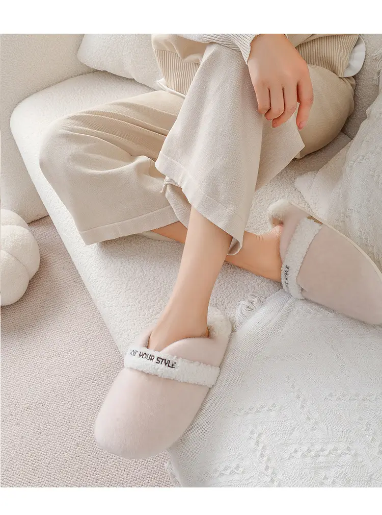 Women Cotton Furry Slippers Beige Winter Indoor — feature 13