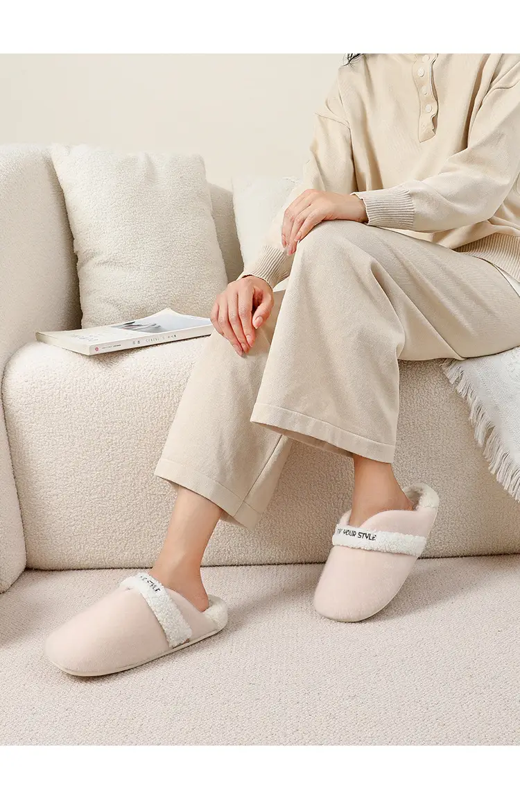 Women Cotton Furry Slippers Beige Winter Indoor — feature 15