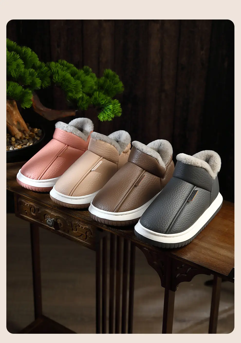 All-inclusive cotton slippers women's winter home indoor non-slip thick bottom fleece-lined warm poop feeling pu cotton shoes men's wholesale winter — feature 4