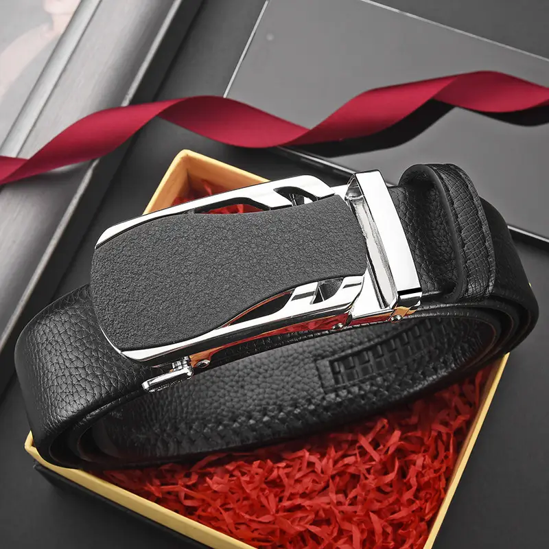 Men's Black Leather Belt with Frosted Buckle 3.5cm - Image 3
