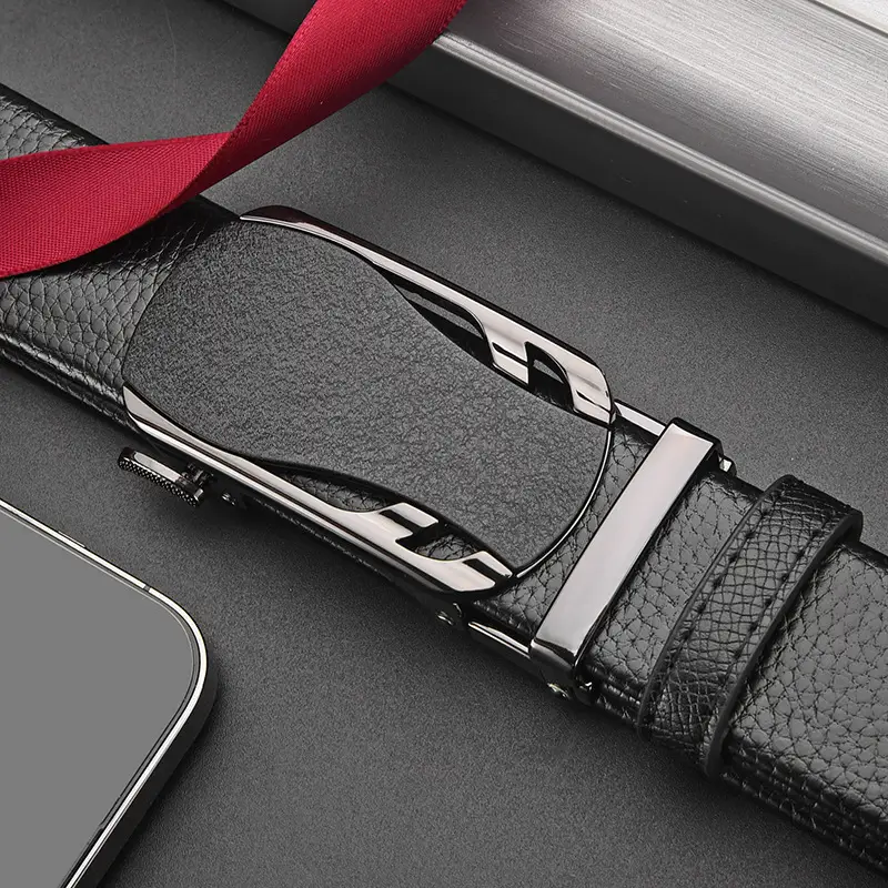 Men's Black Leather Belt with Frosted Buckle 3.5cm - Image 5