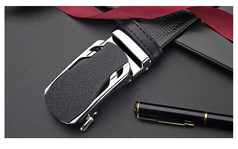 Men's Black Leather Belt with Frosted Buckle 3.5cm — feature 22