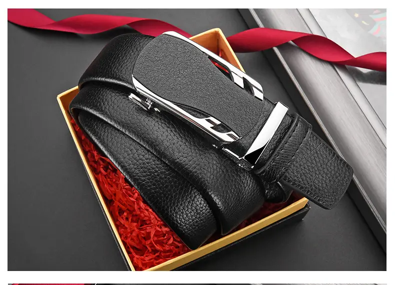 Men's Black Leather Belt with Frosted Buckle 3.5cm — feature 33