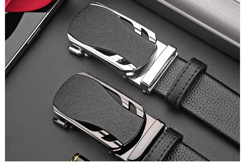 Men's Black Leather Belt with Frosted Buckle 3.5cm — feature 34