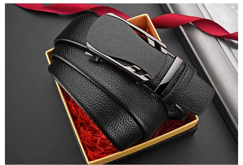 Men's Black Leather Belt with Frosted Buckle 3.5cm — feature 35