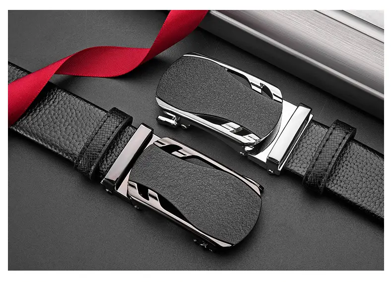 Men's Black Leather Belt with Frosted Buckle 3.5cm — feature 36