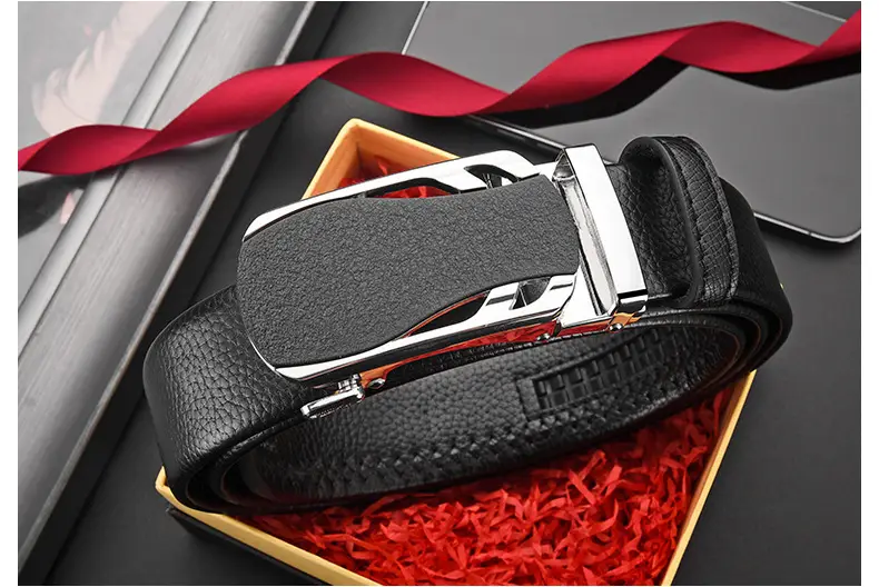 Men's Black Leather Belt with Frosted Buckle 3.5cm — feature 37
