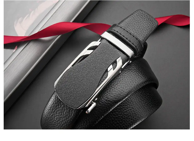 Men's Black Leather Belt with Frosted Buckle 3.5cm — feature 39