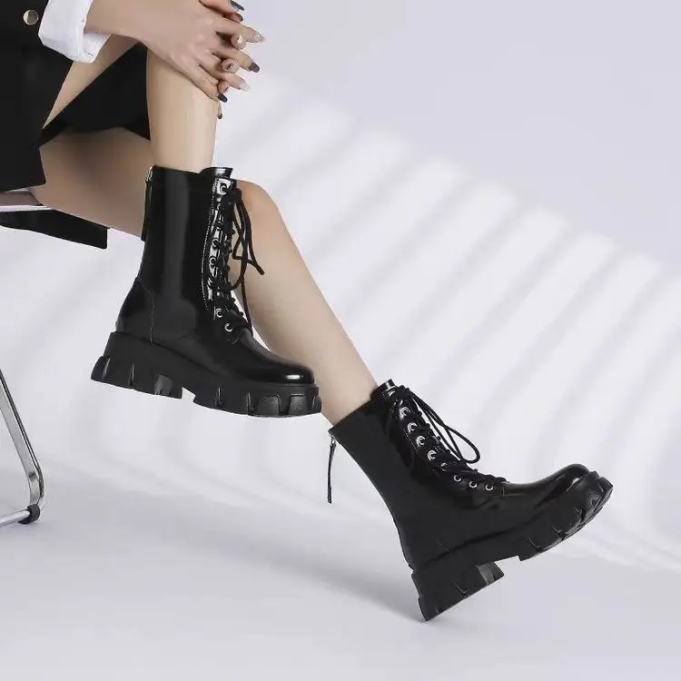 Women's Black Heavy Heel Lace-Up Boots 2024 - Image 4